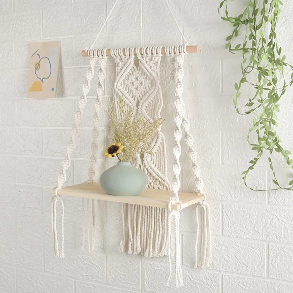 Boho Wall Shelf Wall Mount Woven Plant Hanger Wood Bohemian Plant Decor Shelf Macrame Wall Hanging Shelves for Living Room