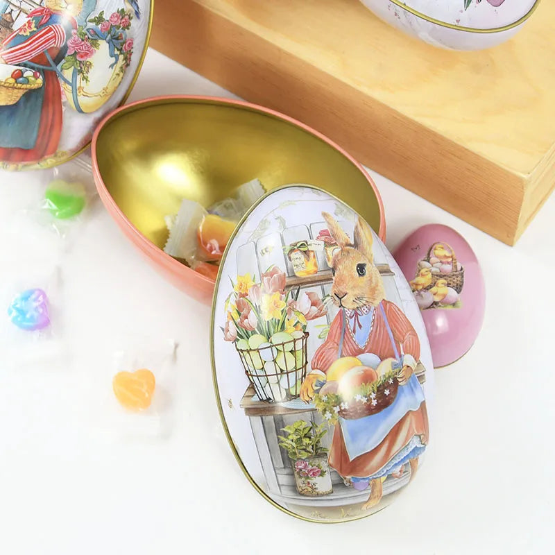 Metal Easter Egg Shape Candy Tin Cute Bunny Rabbit Printed Egg Candy Box Easter Festival Party Favor Gift Packaging Decorations