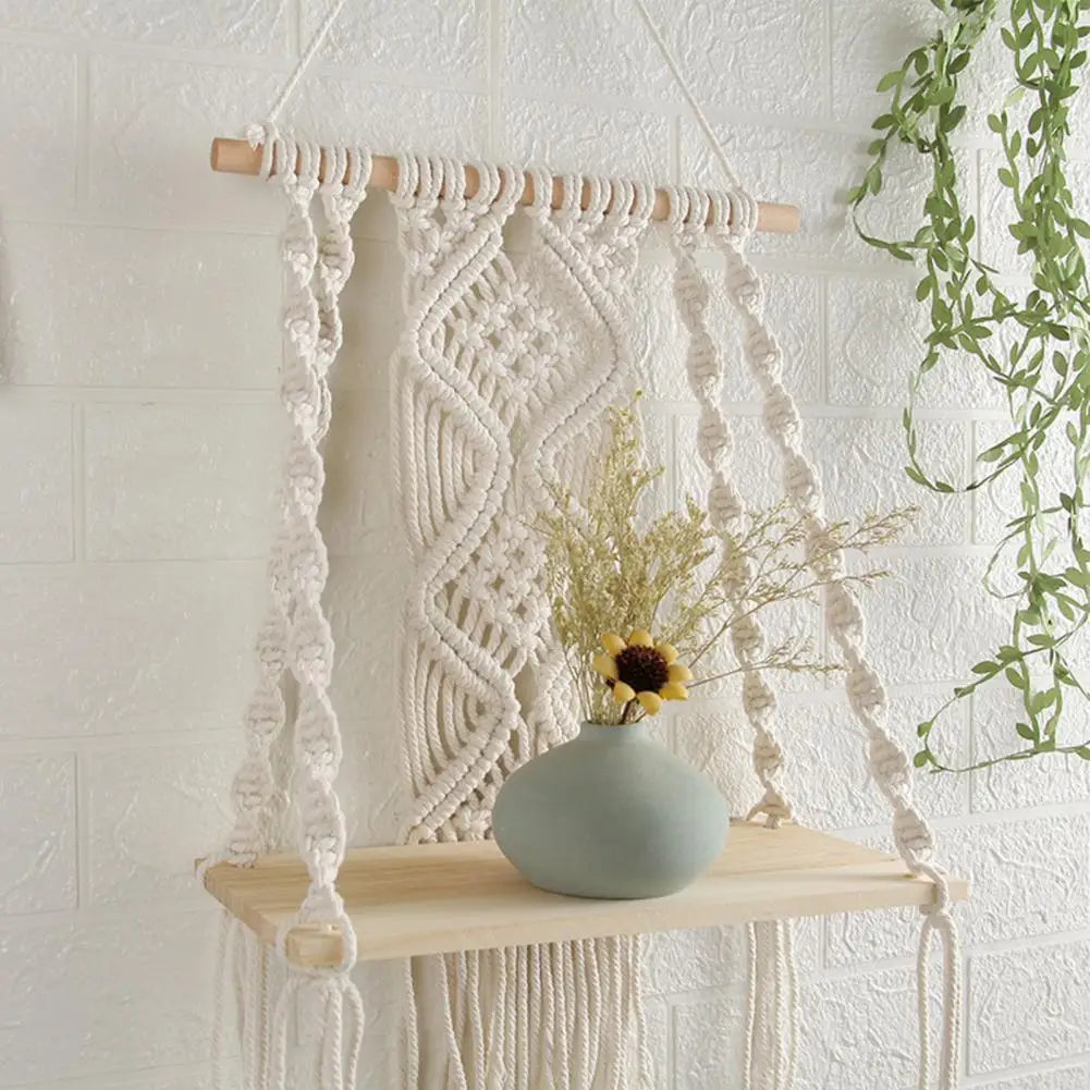 Boho Wall Shelf Wall Mount Woven Plant Hanger Wood Bohemian Plant Decor Shelf Macrame Wall Hanging Shelves for Living Room