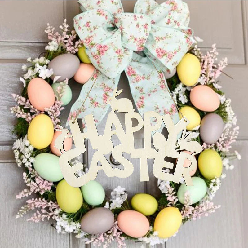 HAPPY EASTER Party Door Hanging Sign Wooden Easter Egg Rabbite Bunny For Home Decor Easter Wreath Supplies Wood Crafts Ornaments