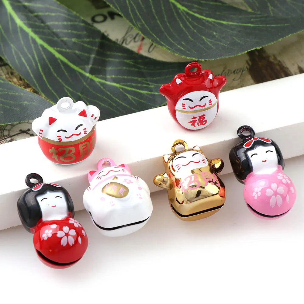 2Pcs 6 Designs Iron Lovely Cartoon Cat Kimono Girl Open Bells Pendant Handmade Party For Christmas DIY Crafts Accessories