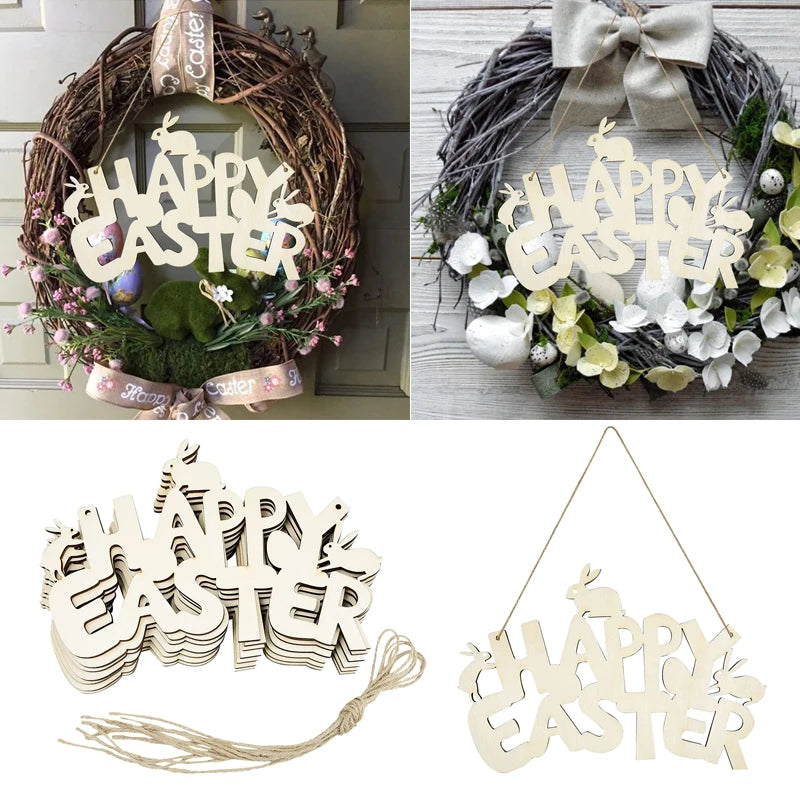 HAPPY EASTER Party Door Hanging Sign Wooden Easter Egg Rabbite Bunny For Home Decor Easter Wreath Supplies Wood Crafts Ornaments