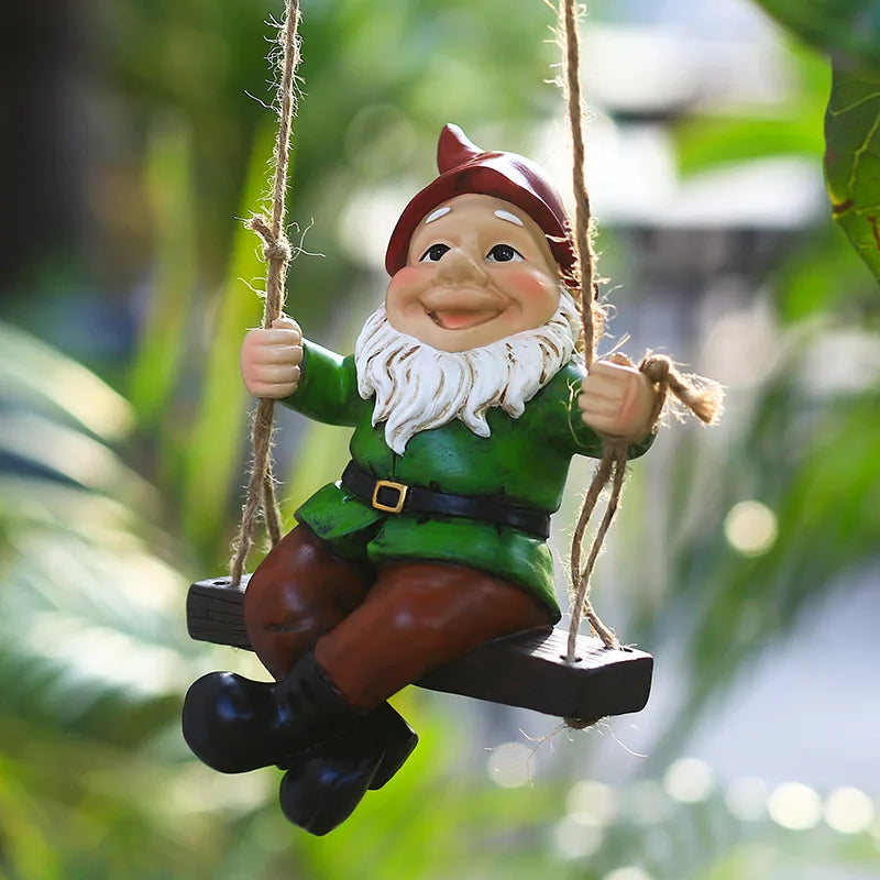 Creative Cute Swing Gnome Garden Decor Statue Resin Dwarfs Hang On Tree Decorative Pendant Indoor Outdoor Decor Ornament