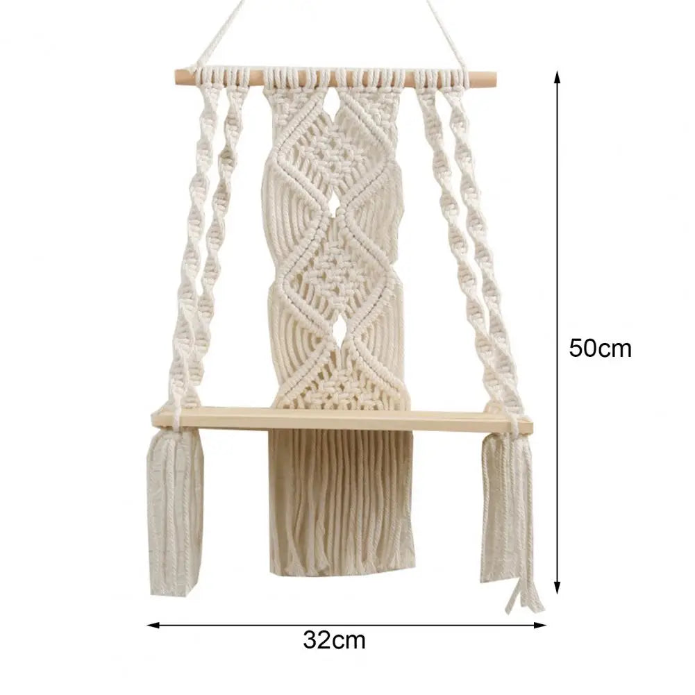 Boho Wall Shelf Wall Mount Woven Plant Hanger Wood Bohemian Plant Decor Shelf Macrame Wall Hanging Shelves for Living Room