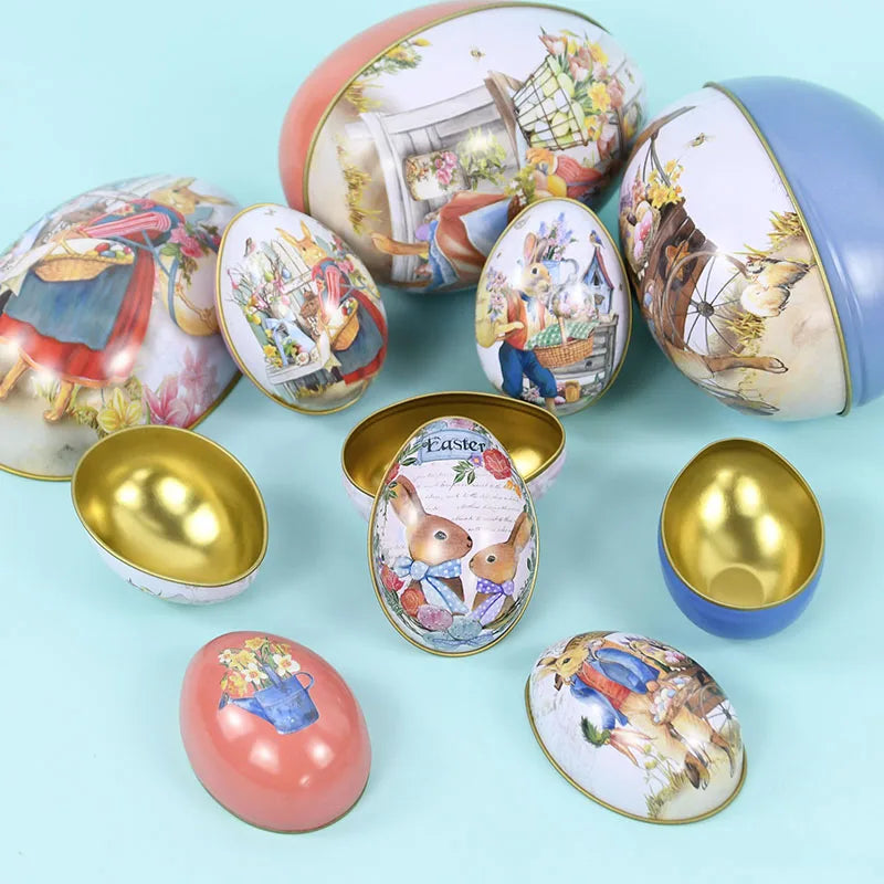 Metal Easter Egg Shape Candy Tin Cute Bunny Rabbit Printed Egg Candy Box Easter Festival Party Favor Gift Packaging Decorations