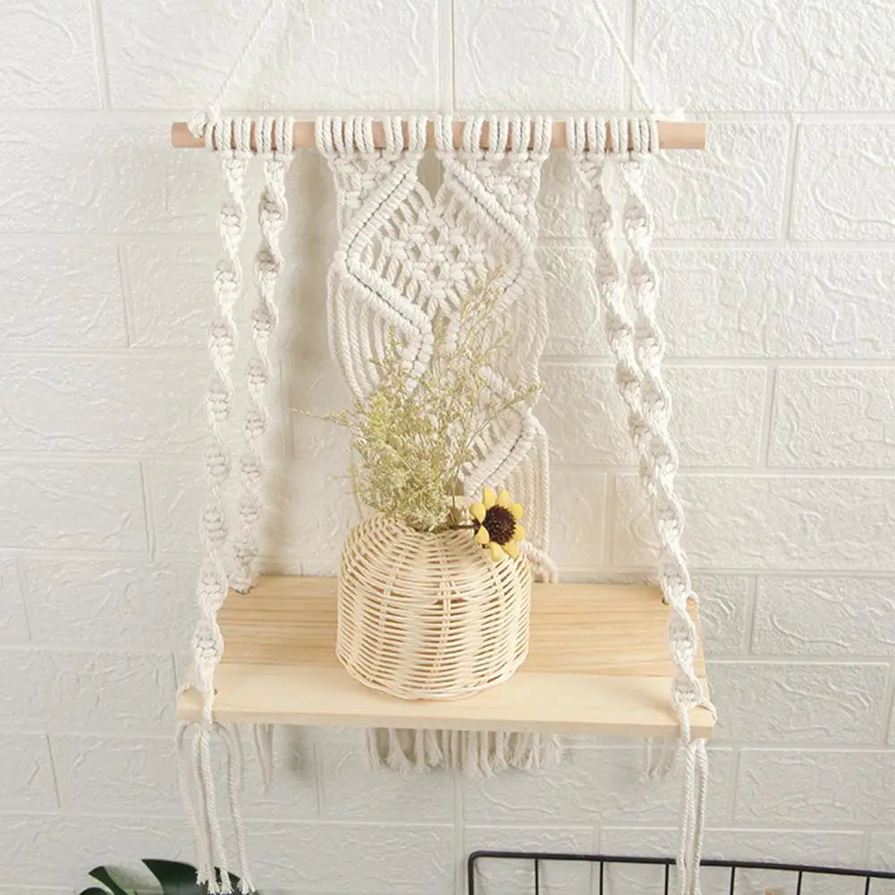 Boho Wall Shelf Wall Mount Woven Plant Hanger Wood Bohemian Plant Decor Shelf Macrame Wall Hanging Shelves for Living Room