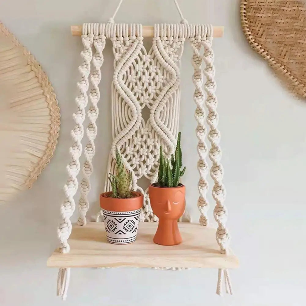 Boho Wall Shelf Wall Mount Woven Plant Hanger Wood Bohemian Plant Decor Shelf Macrame Wall Hanging Shelves for Living Room