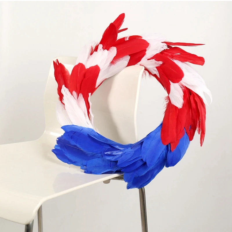 Patriotic Independence Day Feather Wreath Artificial Decoration Fourth Of Julys Wreath For Front Door Home Decor