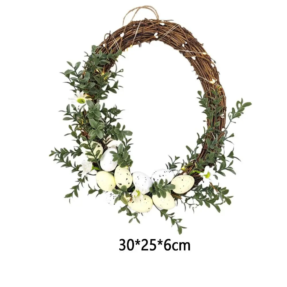 with Light String Easter Egg Wreath Egg Shaped Simulated Green Plant Rattan Wreath with Fake Egg DIY Easter Garland Spring