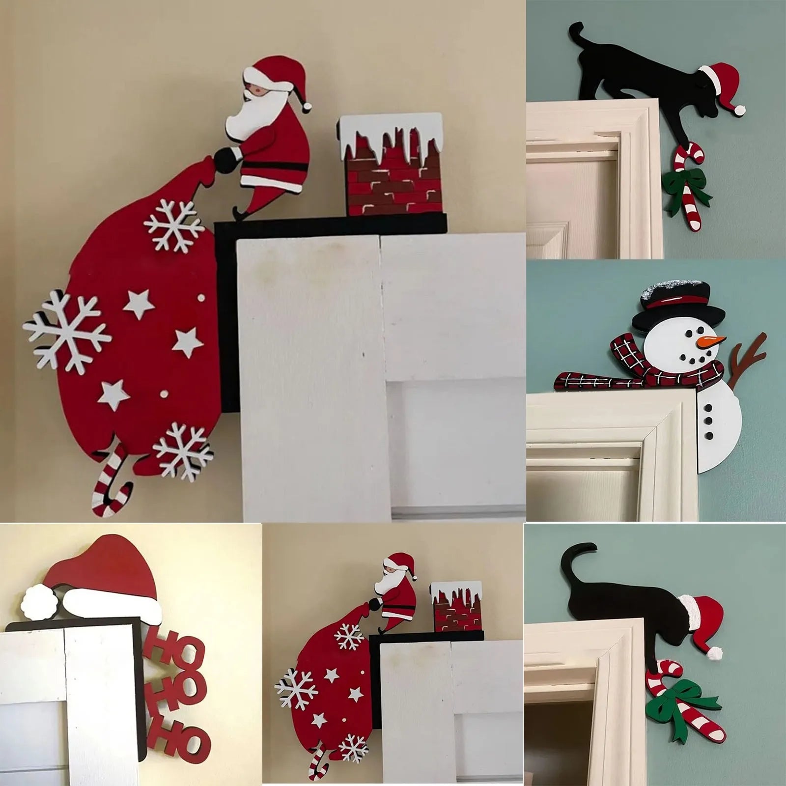 Christmas Door Frame Decoration Wooden Frame Decorative Hangings Handmade DIY Santa Claus Snowman Cat Door Frame Decoration