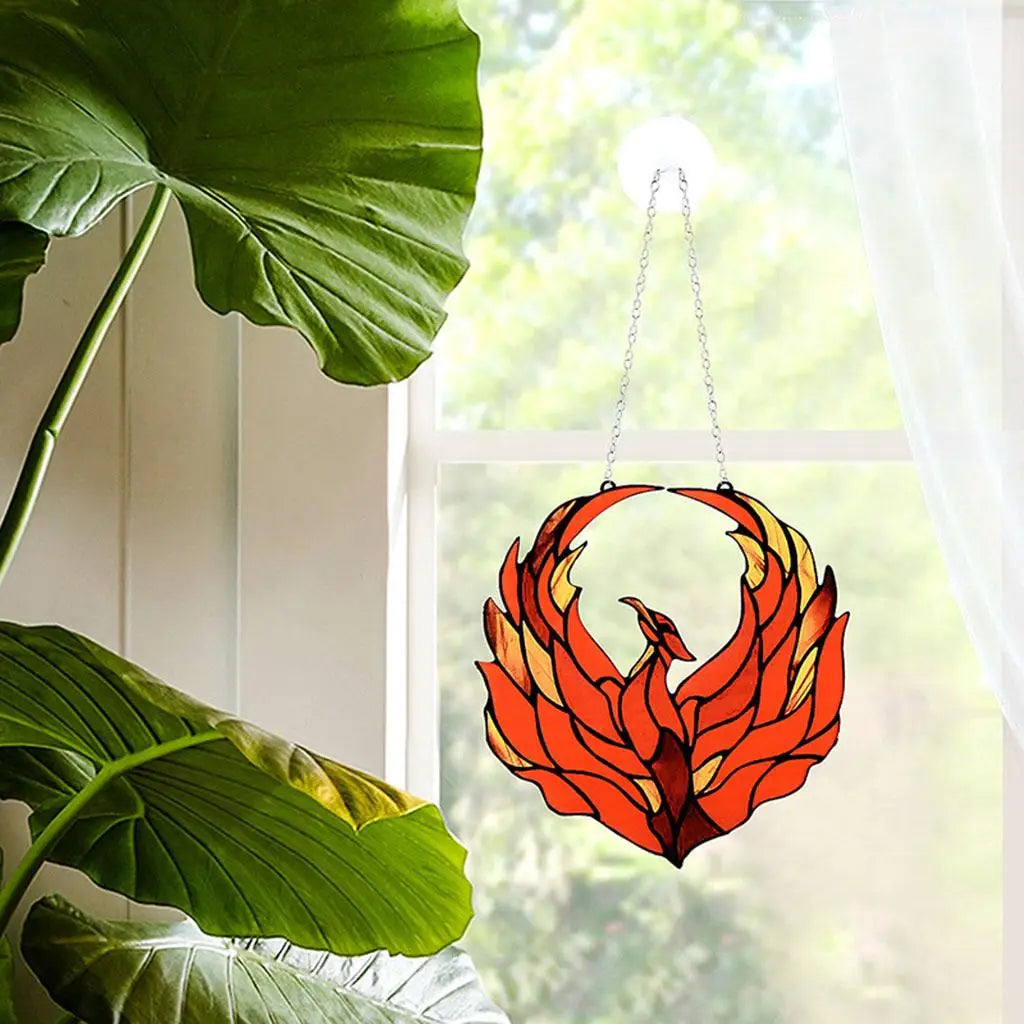 Stained Glas Phoenix Birds Window Panel Hanging Ornaments Stainglass Panel Pendant Home Decor Gifts for Lover