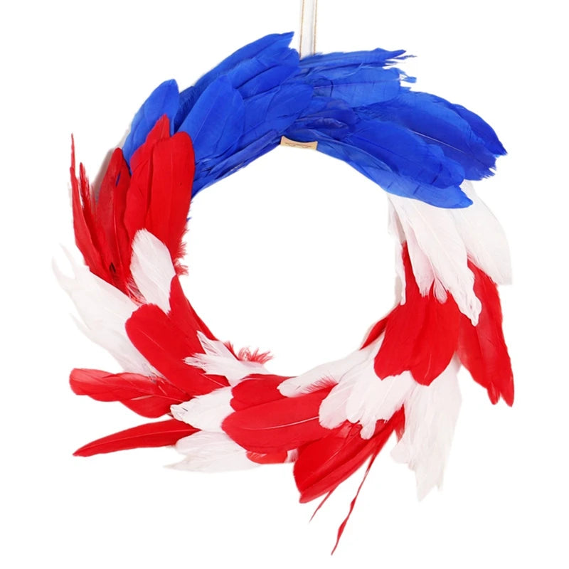 Patriotic Independence Day Feather Wreath Artificial Decoration Fourth Of Julys Wreath For Front Door Home Decor