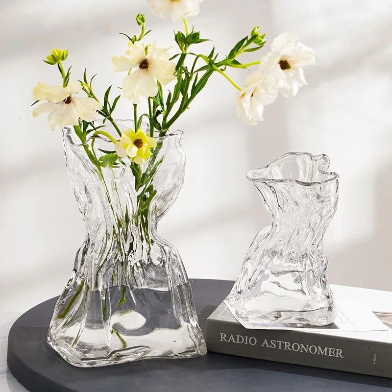 Irregular Transparent Glass Flower Vase 23cm*9cm Big Flower Bottle Tabletop Hydroponic Pot Home Living Room Table Decorations