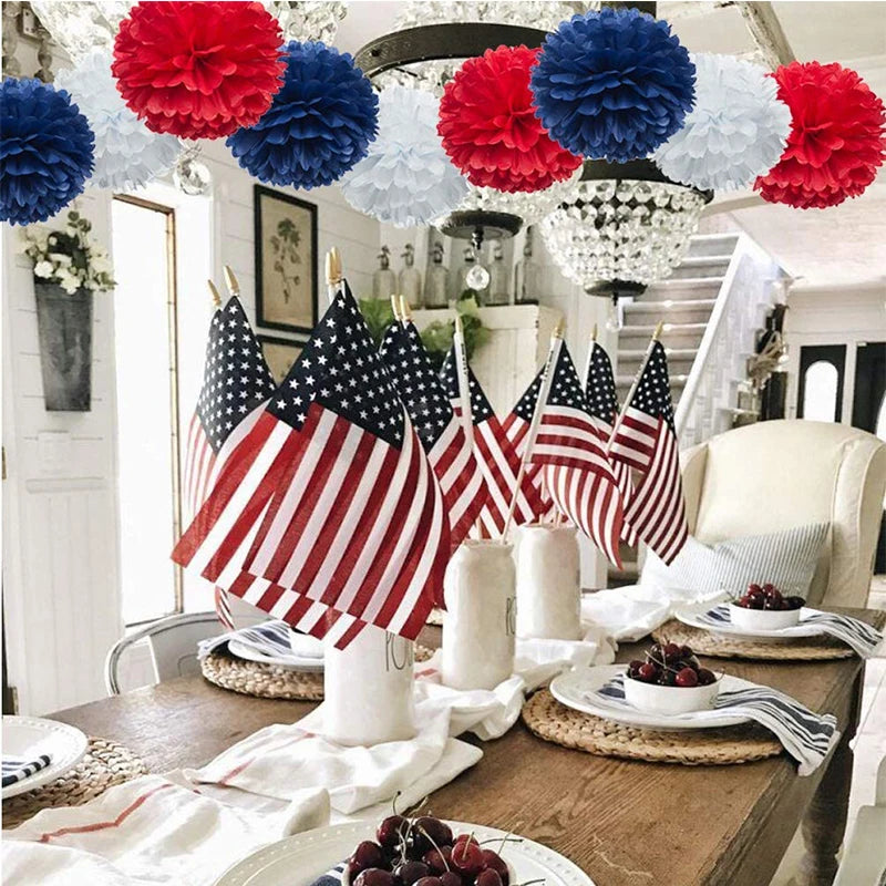 Navy Blue Red White Paper Pom Poms Flower USA Birthday Independence Day  4th of July Day Patriotic Party Hanging Wall Decoration