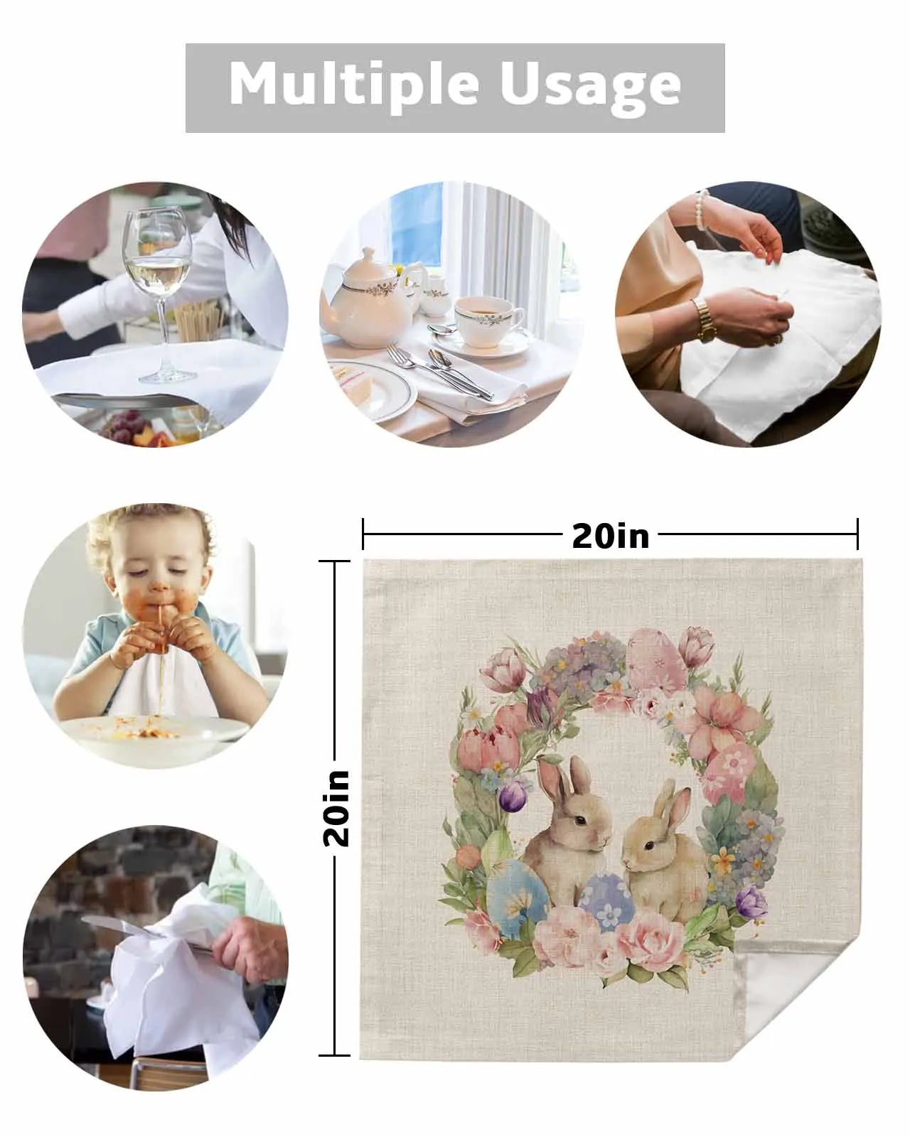 4pcs Easter Bunny Eggs Watercolor Flowers Table Napkins Cloth Set Kitchen Dinner Tea Towels Table Mat Wedding Decor Napkins