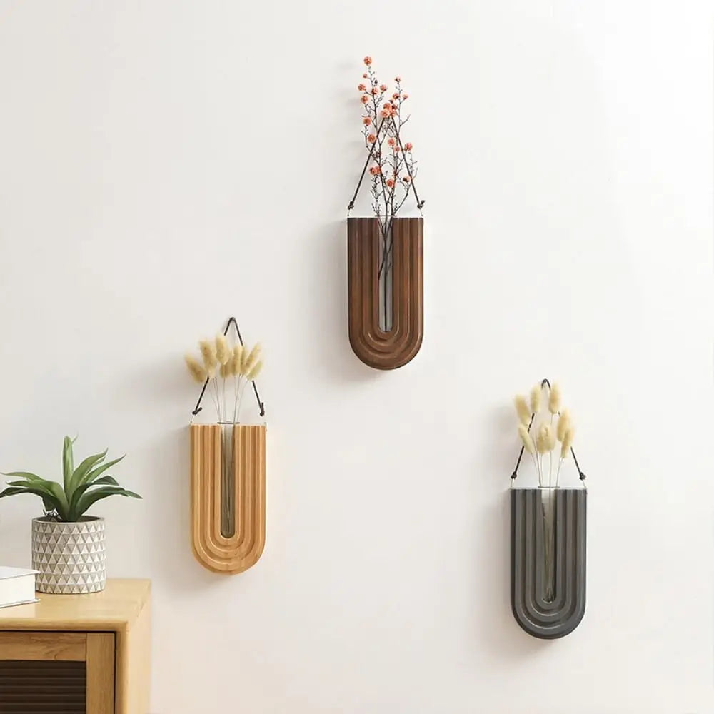 Pastoral Stable Wall-mounted Hydroponic Vase Handmade Durable Wood Frame Vase Craft Plant Holder Pendant Living Room