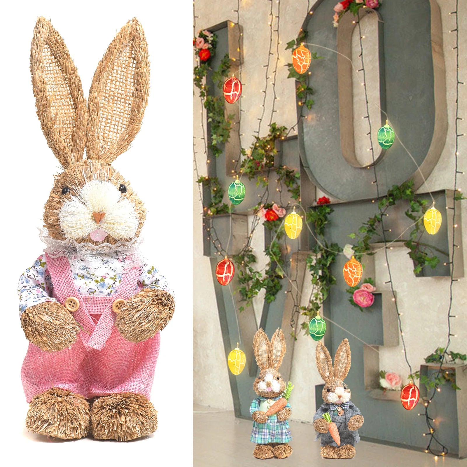 Easter Rabbit Decoration Bunny Figure Cattail Craft Ornament Home Holiday Cute Bunny Home Decoration  Easter Rabbit Decoration