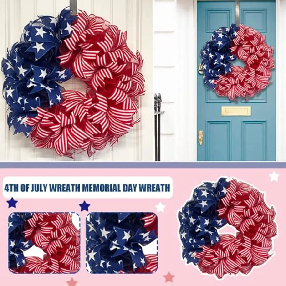 July 4th Patriotic Wreath,Independence Day Red White Blue Porch Decor Party Favor Creative Supplies Photo Props for July Fourth