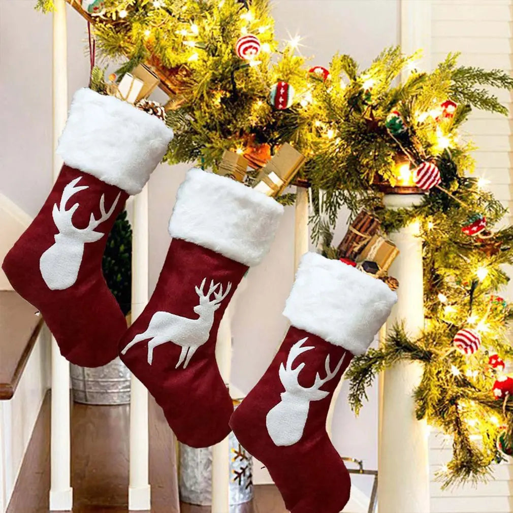 2024 Christmas Stockings Socks Gifts Candy Bag Elk Xmas Tree Deer Printing Pocket Hanging Ornament with Blessing Card Home Decor