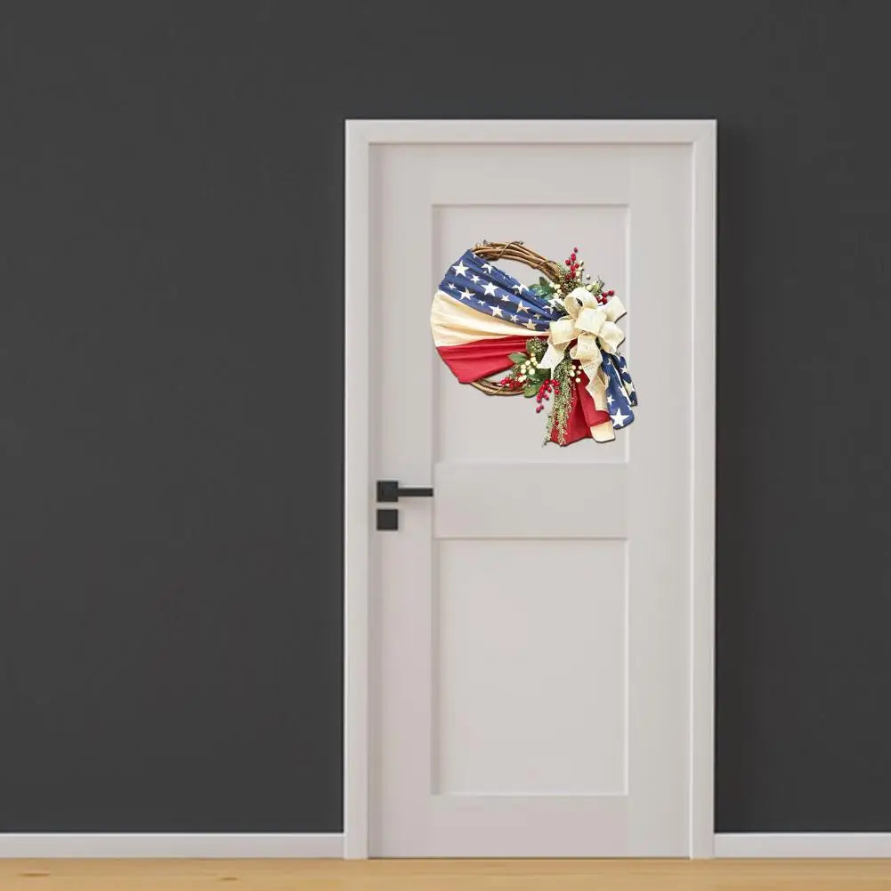 Fabric Door Wreath Patriotic American Flag Door Wreath with Berry Flax Flowers for Independence Day Holiday Home Decoration