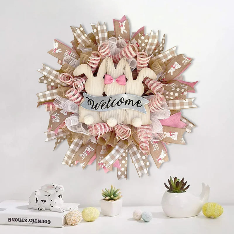 Lovely Pink Easter Wreath Decoration,Rabbit Decoration,Spring Wreath For Front Door,Welcome Sign,Wall,Party,Outdoor,45cm