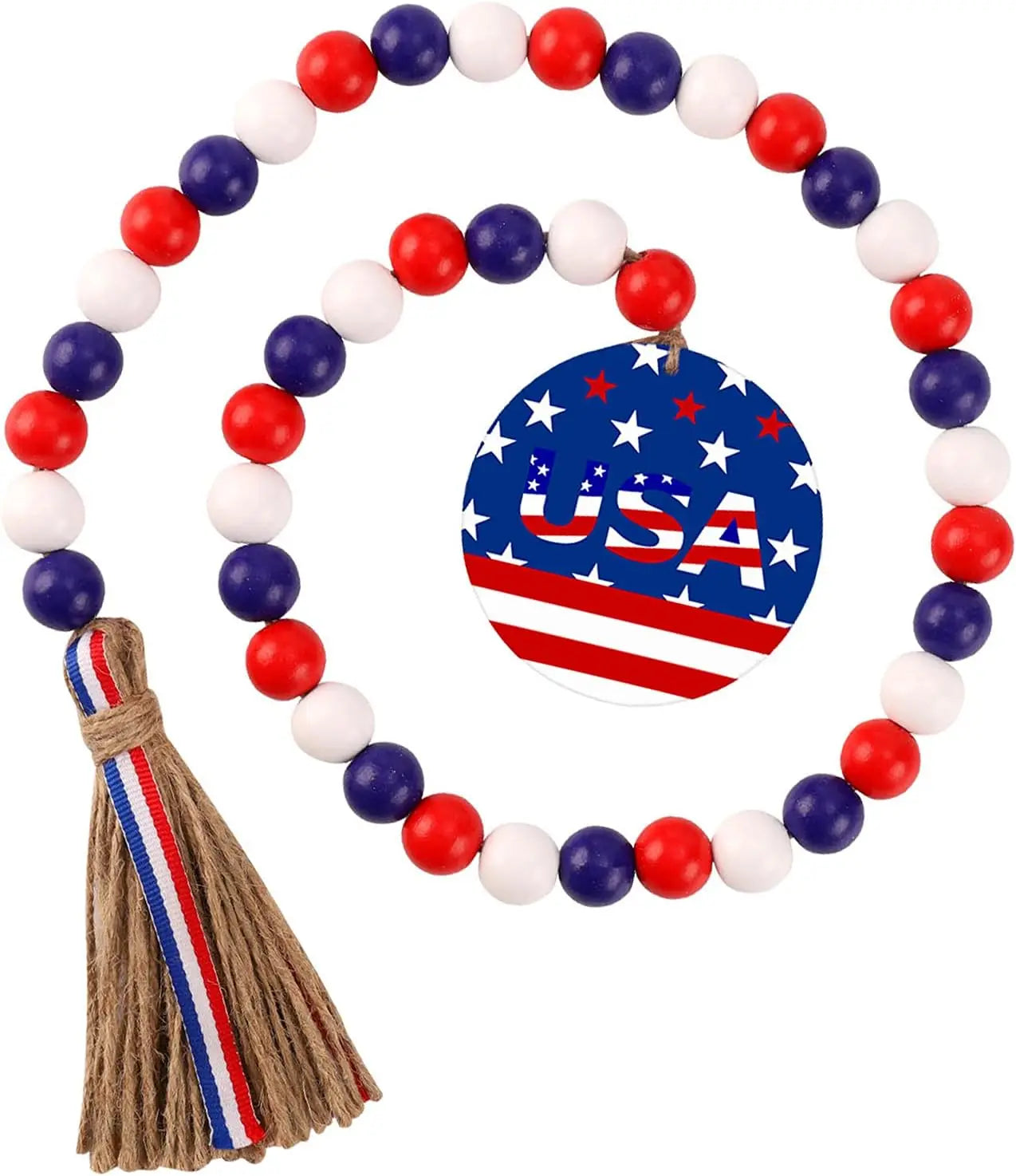 USA Flag Wood Bead Garland Tassel 4th of July Independence Day with Boho Beads Jute Rope Plaid Tiered Tray Wall Hanging Decor