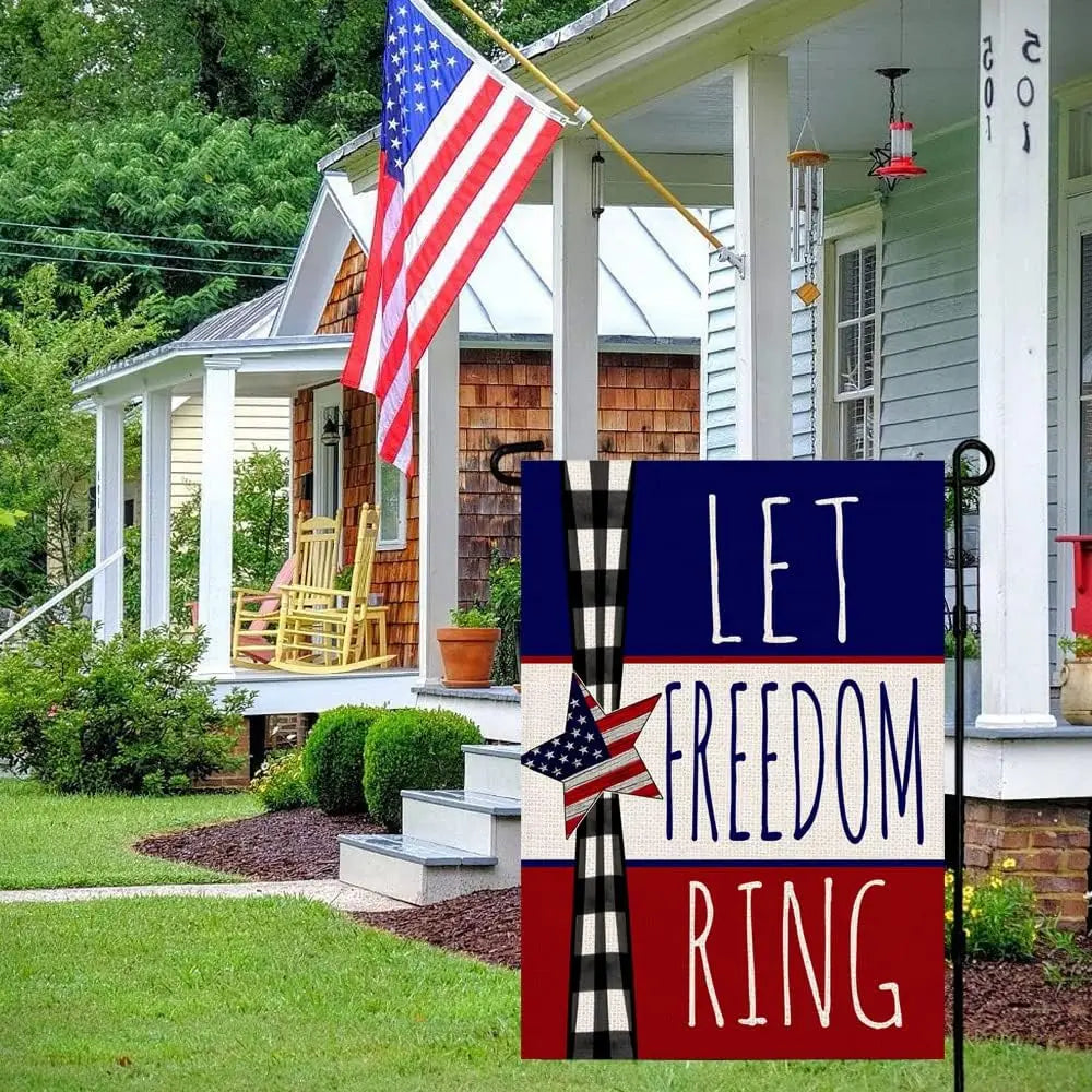 Memorial Day Garden Flag Let Freedom Ring American Star Garden Flag 4th of July Independence Day Garden Banner Plaid Buffalo Out