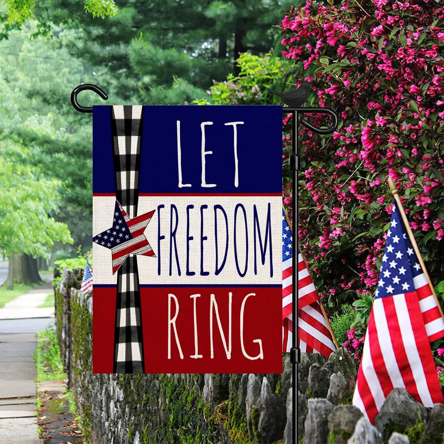 Memorial Day Garden Flag Let Freedom Ring American Star Garden Flag 4th of July Independence Day Garden Banner Plaid Buffalo Out