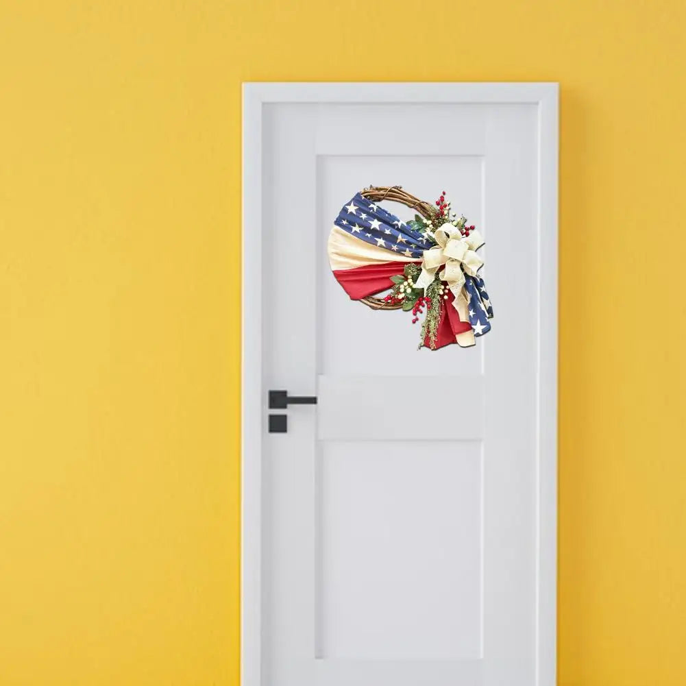 Fabric Door Wreath Patriotic American Flag Door Wreath with Berry Flax Flowers for Independence Day Holiday Home Decoration