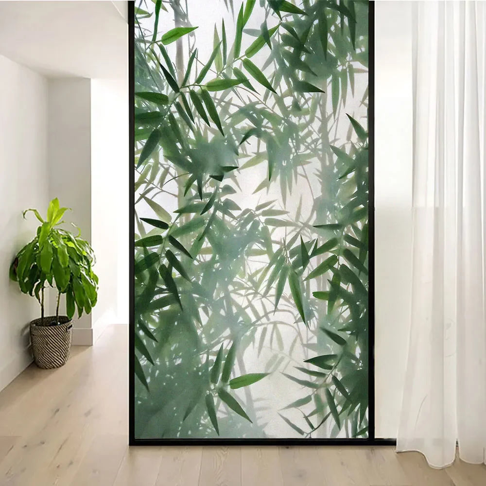 Static Cling Window Film Privacy Heat Control Anti UV Blocking Window Stickers Foggy Bamboo Leave Decorative Frosted Window Film