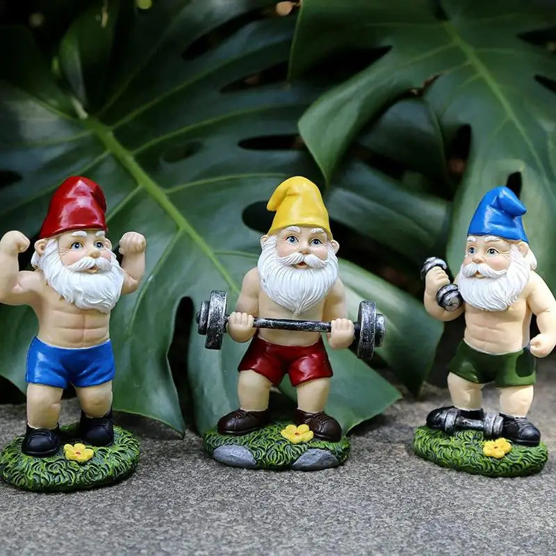 Cute Creative Naughty Gnome Dwarf Garden Decor Statue Old Man Fairy Ornament Easter Dumbbell Weightlifting Gnome Sculpture