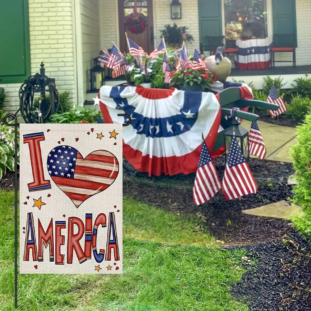 I Love American Garden Flag 12x18 Inch Double Sided Burlap, Memorial Day Independence Day 4th of July Small Flags Outside Yard P