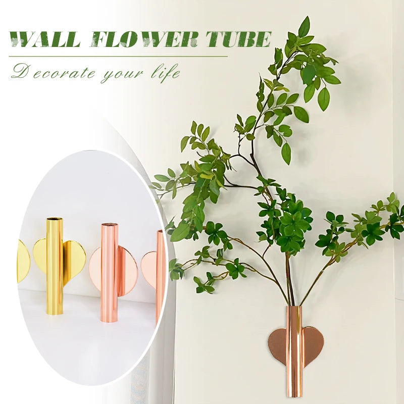 Wall Mount Flower Vase Tube Wall Hanging Metal Plants Holder Rack Flowerpot Home Arrangement Living Room Wall Mirror Vase Decor