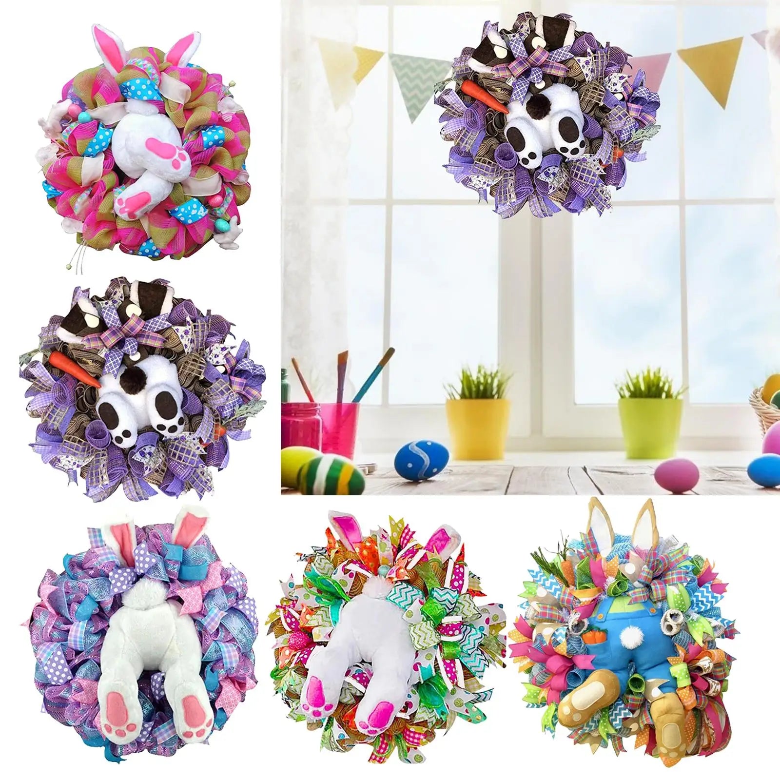 Handmade Spring Easter Door Wreath With Bunny Butt and Ear Ribbon Decoration