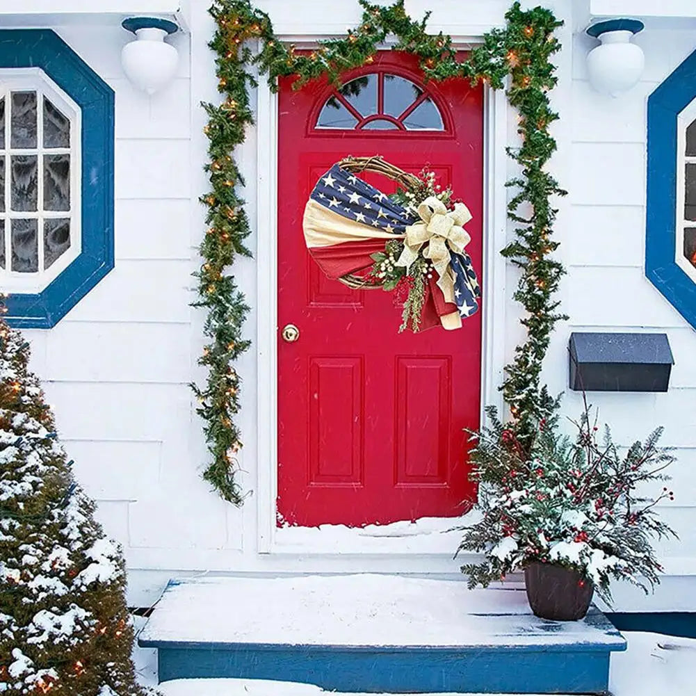 Fabric Door Wreath Patriotic American Flag Door Wreath with Berry Flax Flowers for Independence Day Holiday Home Decoration