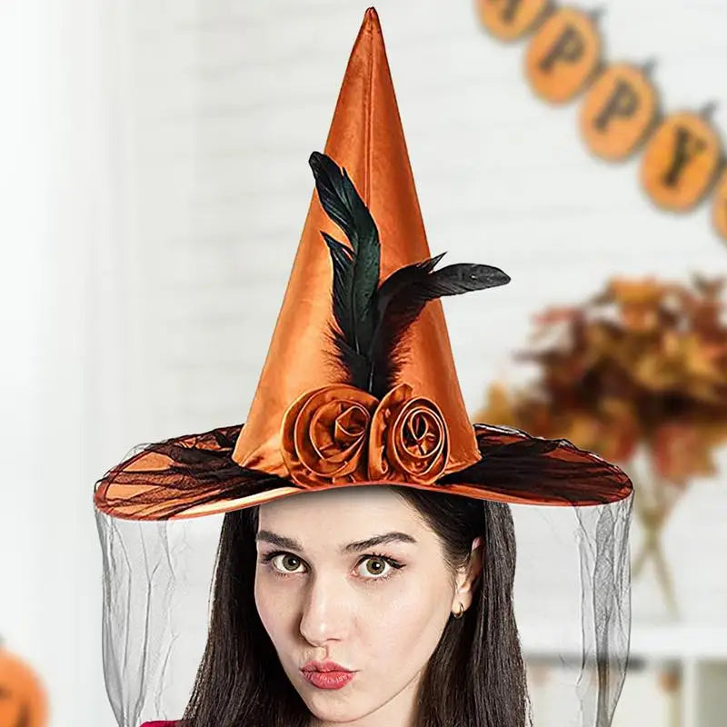 Black Feather Wide Brim  Halloween Wizard Witch  Costume Hats for Girls