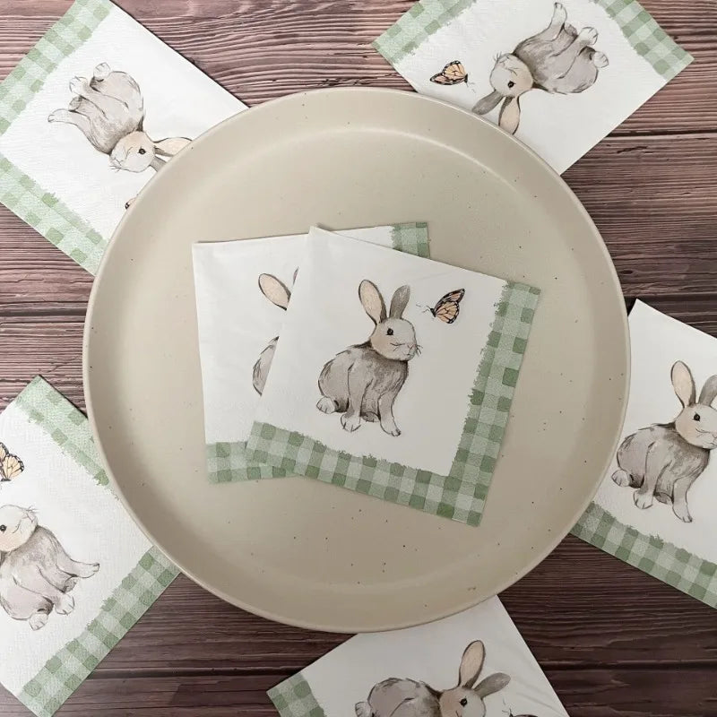 20pcs/Pac 2-Ply 25*25cm Easter Bunny Printed Party Napkins Green Plaid Handmade Butterfly Bone Bart Paper Placemats