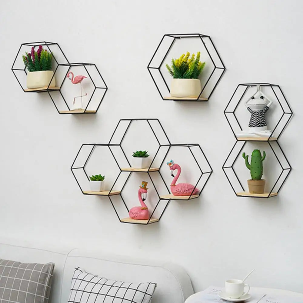 Nordic Hexagonal Iron Stand Small Pot Wall Holder Home Shelf Storage Holder Metal Decorative Photo Wall Rack Decorative Shelves