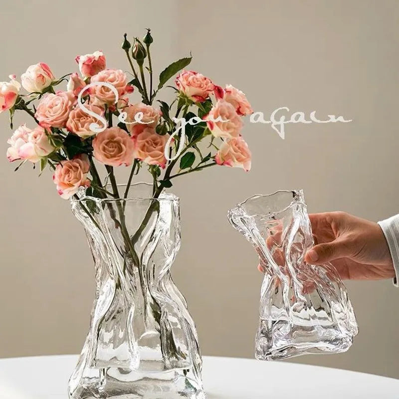 Irregular Transparent Glass Flower Vase 23cm*9cm Big Flower Bottle Tabletop Hydroponic Pot Home Living Room Table Decorations