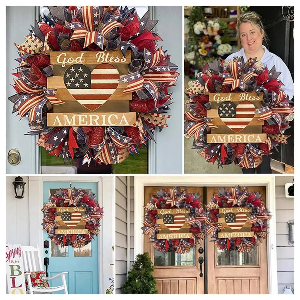 Patriotic Wreath Patriotic Independence Day Wreath Decorations Blue White Star Striped Pattern Bowknot Door Wreath 4th for Front