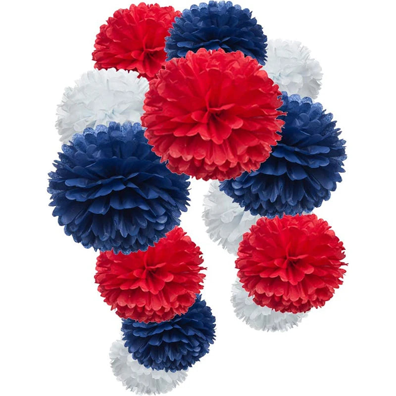 Navy Blue Red White Paper Pom Poms Flower USA Birthday Independence Day  4th of July Day Patriotic Party Hanging Wall Decoration