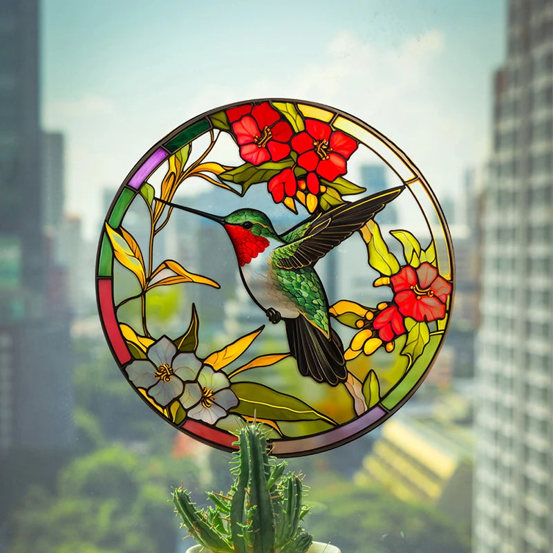 Retro Removable Colored Pvc Static Glass Stickers Stained Hummingbird Butterfly Flower Window Film Anti-collision Decoration