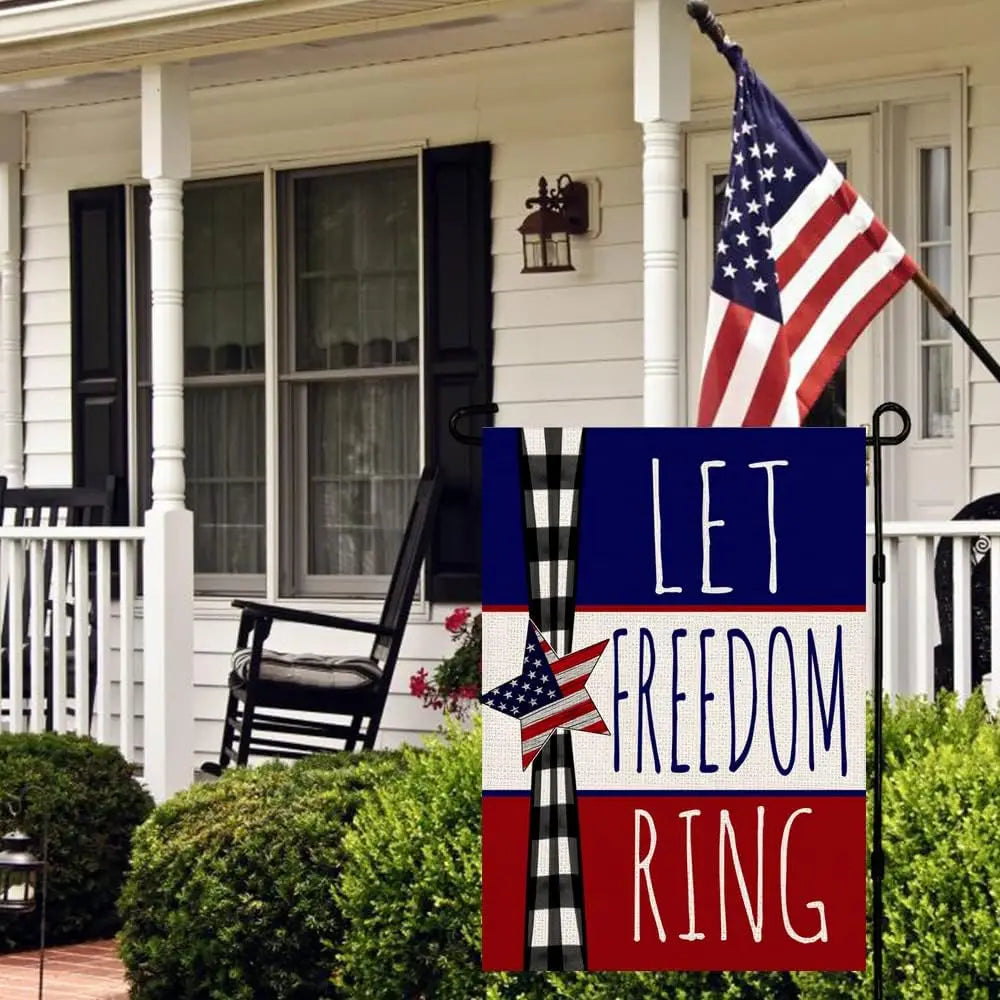 Memorial Day Garden Flag Let Freedom Ring American Star Garden Flag 4th of July Independence Day Garden Banner Plaid Buffalo Out