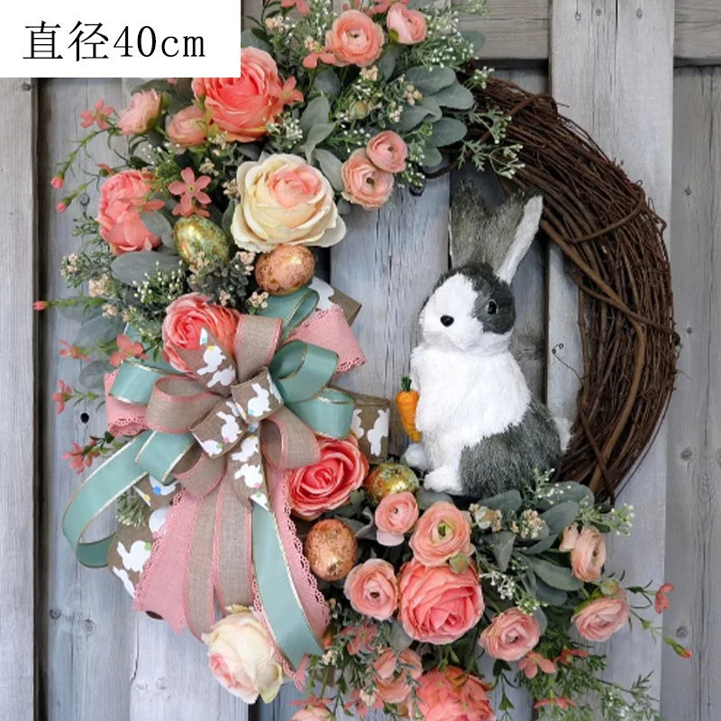 2024 Easter Wreath Artificial Flower Garland Bunny Rabbit Wreath For the Front Door Easter Decoraction Indoor Outdoor Oranments