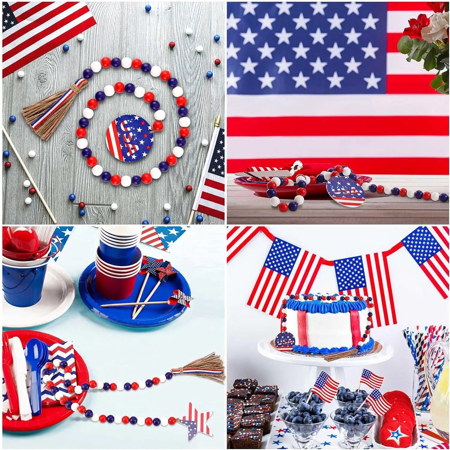 USA Flag Wood Bead Garland Tassel 4th of July Independence Day with Boho Beads Jute Rope Plaid Tiered Tray Wall Hanging Decor