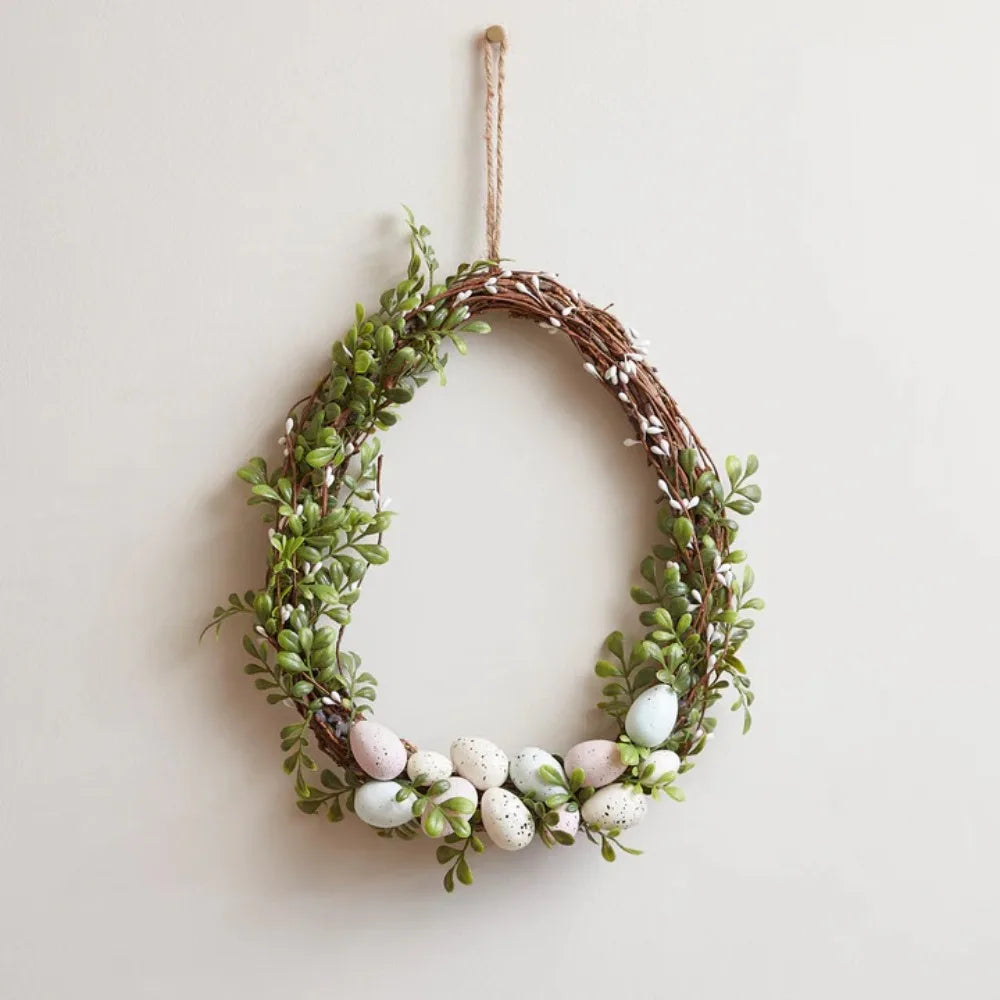 with Light String Easter Egg Wreath Egg Shaped Simulated Green Plant Rattan Wreath with Fake Egg DIY Easter Garland Spring