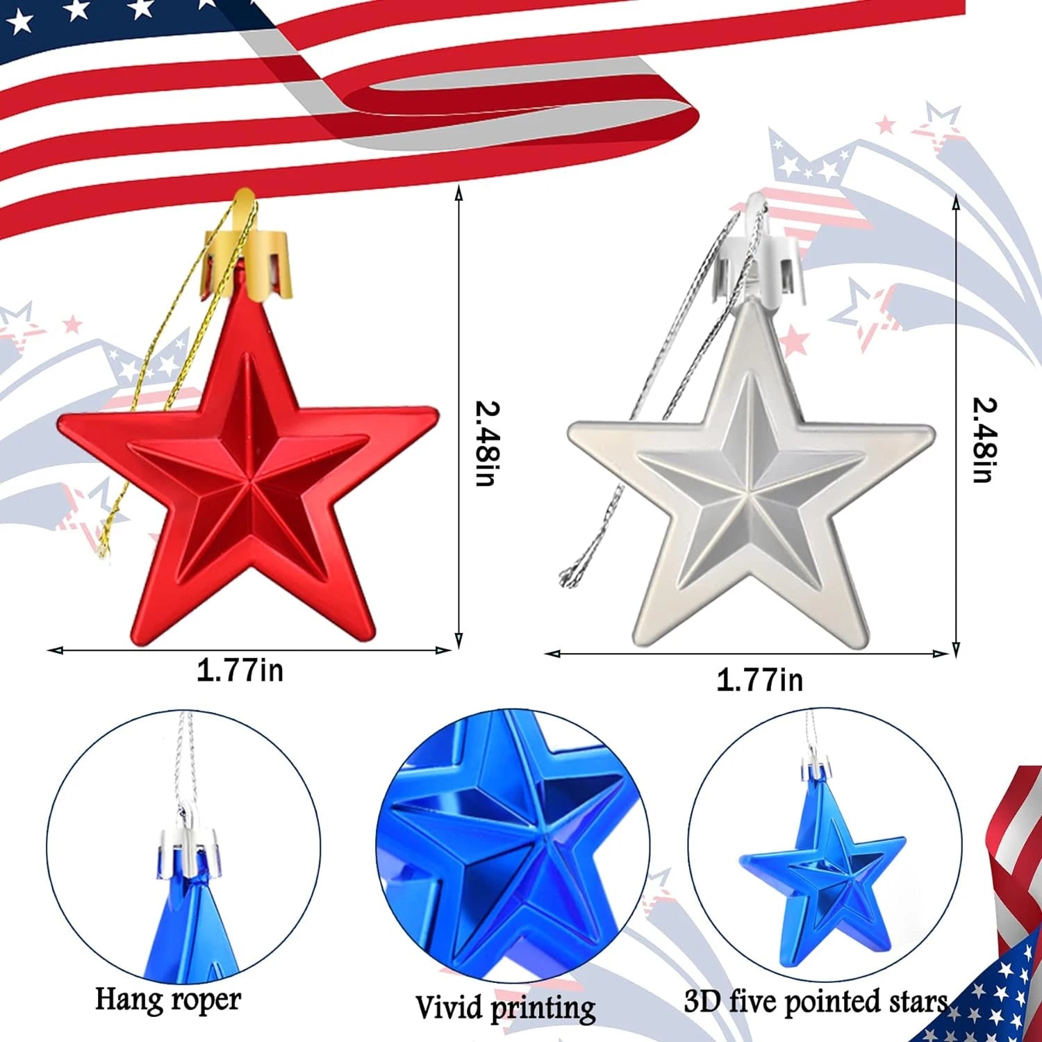 36Pcs Patriotic Hanging Star Ornaments Fourth of July Tree Decor Independence Day Red Silver Blue Plastic Stars for 4Th of July