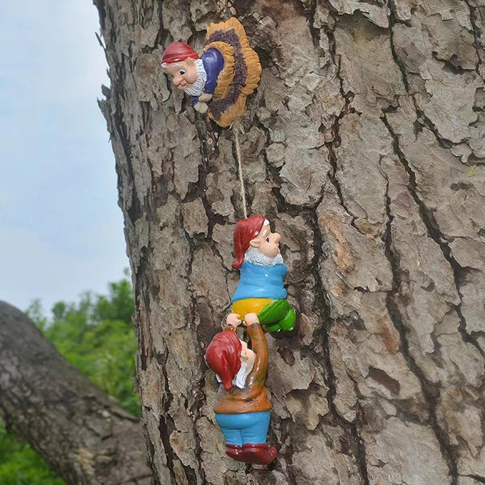 Resin Climbing Gnome Sculpture White Beard Dwarf Art Statue Courtyard Landscape Figurines Garden Tree Decoration Elf Pendant