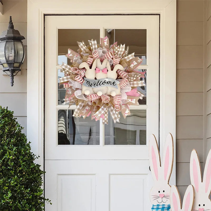 Lovely Pink Easter Wreath Decoration,Rabbit Decoration,Spring Wreath For Front Door,Welcome Sign,Wall,Party,Outdoor,45cm