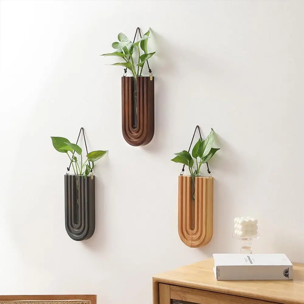 Pastoral Stable Wall-mounted Hydroponic Vase Handmade Durable Wood Frame Vase Craft Plant Holder Pendant Living Room